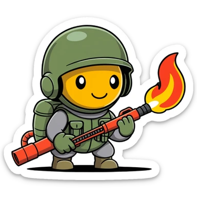worm from Worms game wearing an army helmet and holding a flamethrower sticker