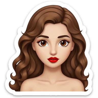 Light brown woman with long wavy hair, dark brown arched eyebrows, full lashes, red lips sticker