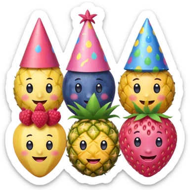 strawberry, blueberry, raspberry, banana, mango, pineapple pink lady apple having a party sticker