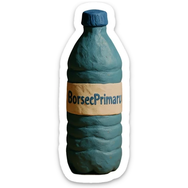 claymation style bottle of water with a label that says 'BorsecPrimaru' sticker