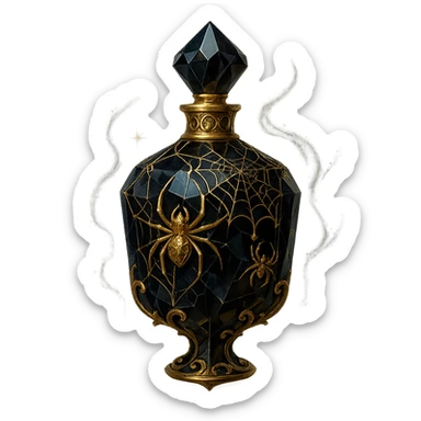 black crystal luxurious elixir bottle with lots of shine, facets, ornaments, decorated with spiders and spider webs, golden details, magical effects, very small golden neck, transparent background, beautiful merging base, clearly floating in the air, no base or shadow, premium class, matching a collection sticker