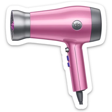 pink Dyson Supersonic hair dryer, side angle, realistic style, Features distinctive hollow circular head with the barrel running through the center, sleek modern design, glossy pink finish with metallic silver accents on the nozzle ring. Compact proportions , clean lines, slight shading. Grey Nozzle sticker