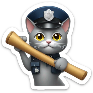 grey cat in a police hat waving a truncheon sticker