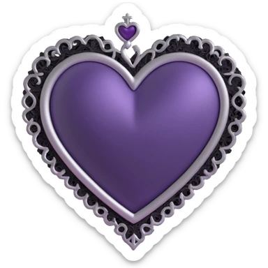 3D emoji gothic heart, dark purple satin, ornate silver frame, and black lace accents sticker