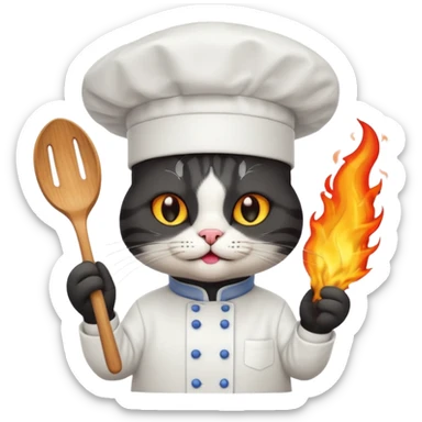 black chef cat wearing a tall white chef hat, burning hat sticker