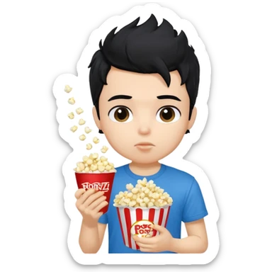 generate a pretty fair bratz boy with a blue tshirt on. eating popcorn. messy black hair sticker