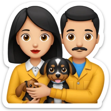Pareja hombre y mujer, pelo negro ambos, y con dos perritos pincher en sus brazos sticker