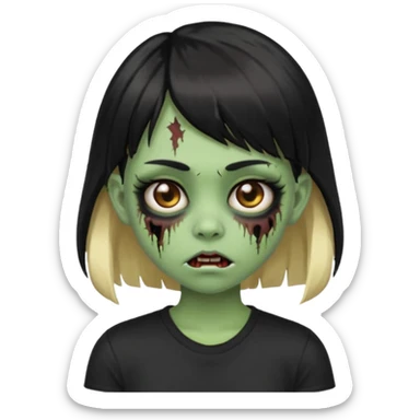 Girl with black hair and raccoon blonde streaks, bangs, light skin, zombie version, pale green skin, emoji style. sticker