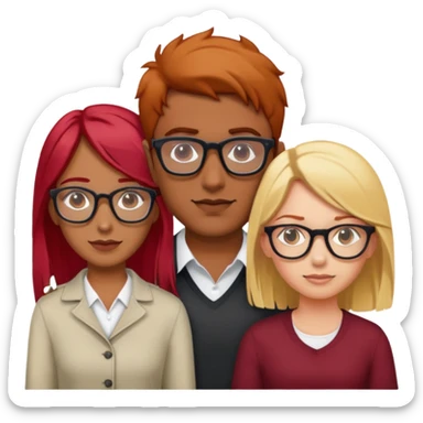 Indian guy in between red haired girl wearing glasses and blonde haired girl wearing glasses sticker