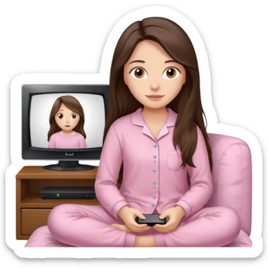long haired brunette girl hazel eyes in light pink watching tv sticker