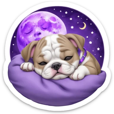 purple moon with a sleeping grey bull dog puppy with a purple collar sticker