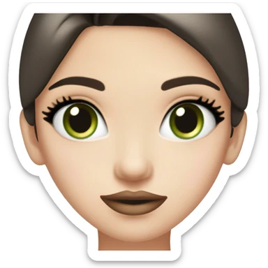 beautiful girl with high cheek bones, long straight shiny dark brown hair, big green eyes and big pale pink lips. Long thick eyelashes. Wearing a cream bustier. sticker