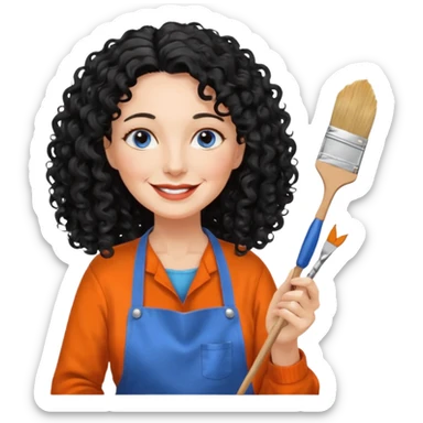 FEMME BLANCHE FRISÉ 60 ANS CHEVEUX NOIR FRISÉ ONDULÉ TRÈS  LONG , SOURIANTE AVEC CHANDAIL ORANGE ,   YEUX BLEU ET UN PINCEAU À LA MAIN LA MAIN AVEC 5 DOIGT SEULEMENT ET TABLIER sticker