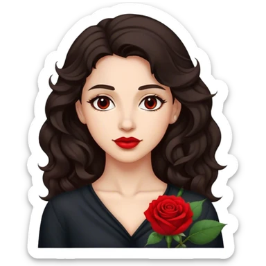 A woman with dark wavy hair, a single red rose behind one ear, and a confident gaze sticker