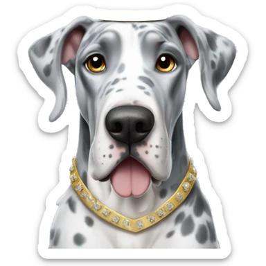 Blue Merle Great dane wearing gold princess crown sticker