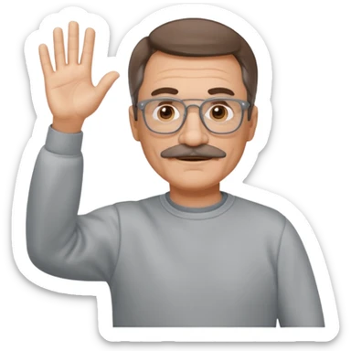 60 yr man partial brown hair parted in center, mustache, light glasses, sweatshirt waving hello sticker