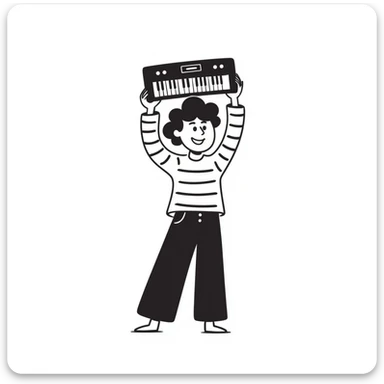 a person holding a keyboard up to their head like a boombox, playful doodle style sticker