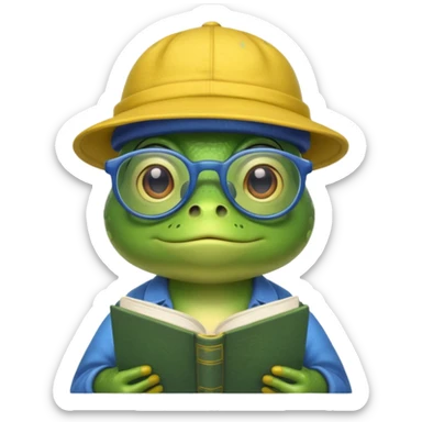 frog wearing yellow hat with glasses and blue book sticker