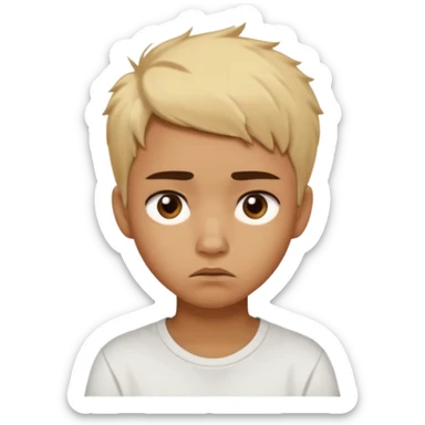 caramel skin color. Teen age. Short buzz, messy blonde hair, dark brown bushy eyebrows large expressive golden-brown eyes, brown skin color, scar over nose, wearing a plain white t-shirt. Disappointed thinking facial expression. caramel skin color sticker