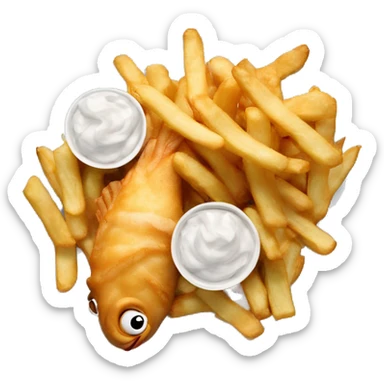 fish and chips on the plate. the ketcups are on the middle of the plate sticker