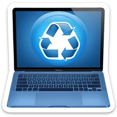 Un MacBook écran bleu transparent avec un signe de recyclage sur l'écran  sticker