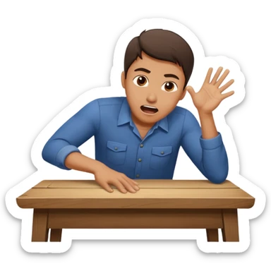 man working at table, leaning forward, hands on table, shouting with determination sticker