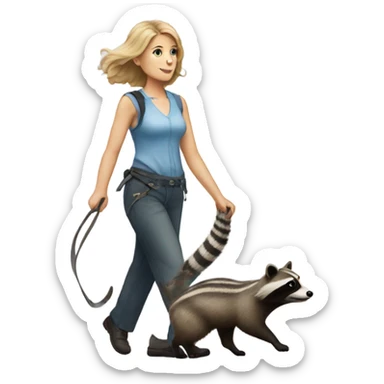 White woman walking a raccoon like a dog sticker