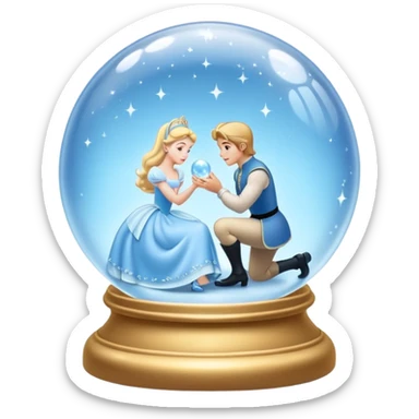Hyperrealistic shiny crystal ball, ultra detailed,  displaying a realistic romantic disney scene, from Cinderella and her prince in the classic color scheme from the hyperrealistic disney movie, soft lighting, soft glow, very high quailty, not blurry, no emoji icons, no emoji faces sticker