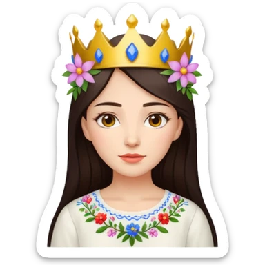 Ukrainian woman in a white embroidered shirt with dark hair and a crown of flowers on her head sticker