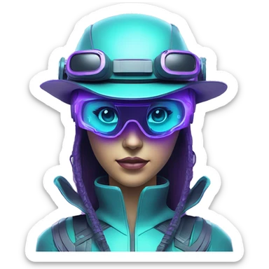Secret humanoid agent in a futuristic hat with in Apple VR goggles headset code display on the goggles , cyberpunk, cyan and purple colors, only upper body portrait, front facing the camera  sticker