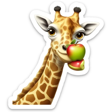 A cartoon looking Giraffe holding an apple bigger than itself sticker