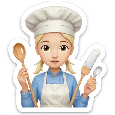 Young female pastry chef - single ponytail, apron, wearing a white hat, holding a cream piping bag sticker