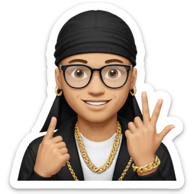 lightskin man with a black durag,a cuban link chain,glasses, and smiling flexing grills with crossed arms but with one arm up and pinky finger touching grills  sticker
