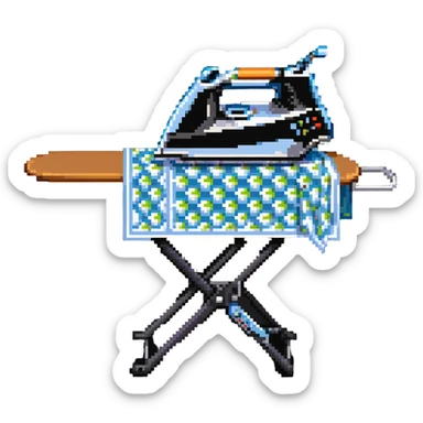 A detailed clothes iron next to an ironing board sticker