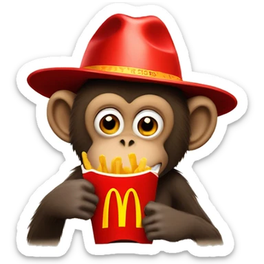 Monkey eating a packet of mcdonalds fries wearing a hat that says petes takeaways sticker