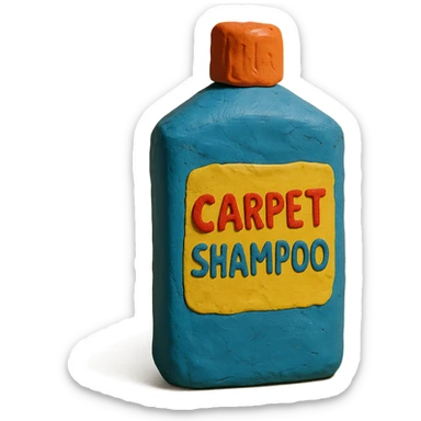 bottle of carpet shampoo with bright label and visible fingerprints, claymation style sticker
