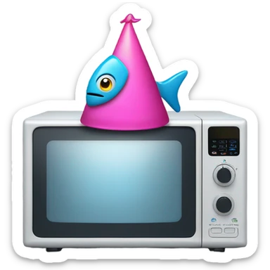 A microwave wearing a party hat with a fish face sticker