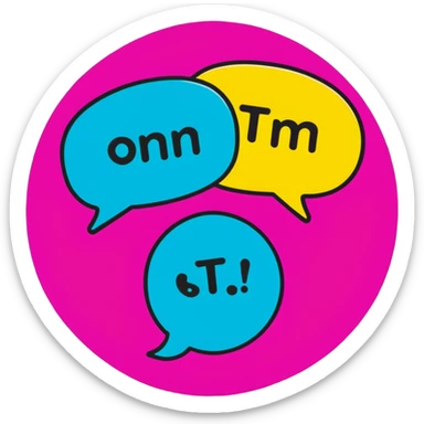 Minimalist sticker with white 'tt' letters on a black circle with cyan, magenta, and yellow dots below, speech bubble with street style influence sticker