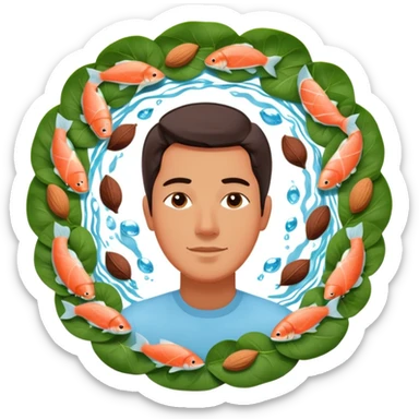Relaxed floating man surrounded by circling foods: pieces of salmon, dark chocolate, almonds, and spinach leaves. These omega-3 and magnesium-rich foods glow softly as they orbit around him, creating a peaceful, weightless atmosphere. sticker