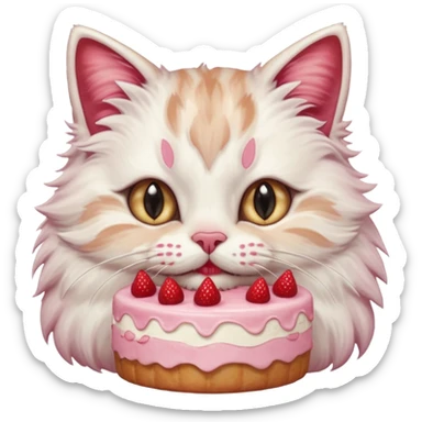 Close-up portrait of a fluffy cat eating a strawberry cake, pink cream on its nose and whiskers, detailed fur texture, soft natural light, shallow depth of field, high resolution, cute and candid moment
 sticker