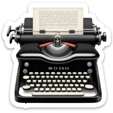Create an emoji representing screenwriting. The design should feature an open script with visible dialogue and action lines, symbolizing the writing of a screenplay. Include a classic typewriter or a modern writing device, such as a laptop, to signify the process of creating a script. Optionally, add elements like a film reel or director's chair to emphasize the cinematic aspect of screenwriting. Use a professional color palette with black, white, and subtle metallic tones. Do not include any emojis or smiley faces. Make the background transparent. sticker