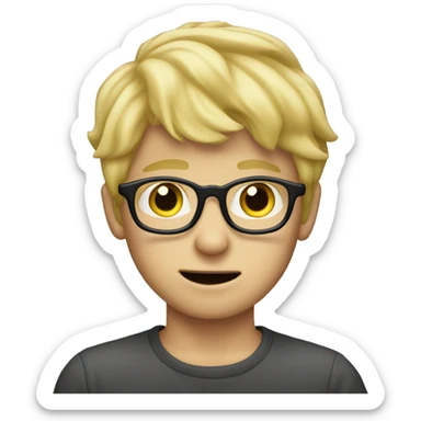 Blonde boy with glasses with his finger in front of his face and pointing at his jaw sticker