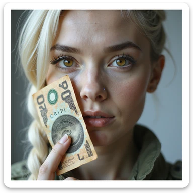a banknote bill. full frame close up of a "20 crisp" banknote. futuristic, cyberpunk. stellar and planetary style designs adorn the bill. the face pictures is a woman in her 20's, gold yellow eyes, white hair in a single long braid, side of head shaved. she wears a military flight bdu sticker