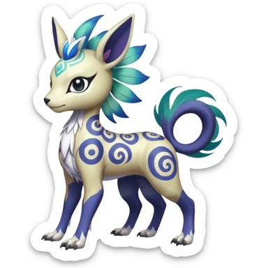 Tropical Tiny Marked Patterned Tribal Colorful Skilled Adept Graceful Asian Painted Garurumon-Meloetta-Absol-Suicune-Cobalion-fusion-hybrid-creature (full body) sticker