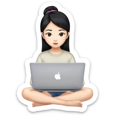 Asian girl with black hair sitting and watching a MacBook laptop sticker
