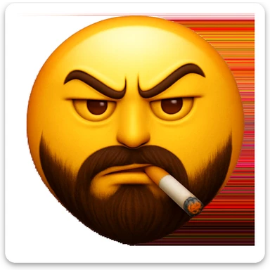 Make this yellow round smiley face look threatening, add a beard and a cigarette, keep the emoji style and color. The style is emoji style with bright yellow color and simple round shape. sticker