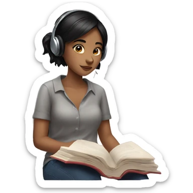 girl with black hair in cosy shirt and a book wearing earbuds  sticker