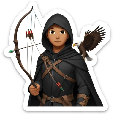 hooded man in a tall buliding a silloute shot, bow and arrows in hand. in the sky a big eagle is flying in modern time sticker