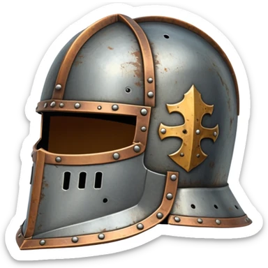 antique medieval knight helmet with light rust patches and weathered metal sticker