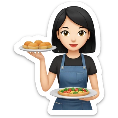 waitress with black hair and a food plate with a black tshirt and ª jeans apron sticker